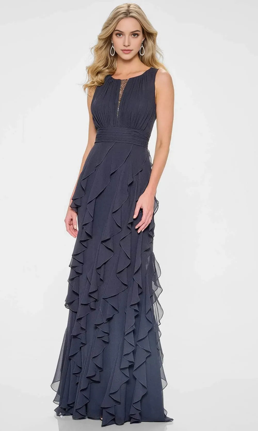 Gray Dark Gray Evening Dresses with Sleeveless Design Keyhole Neckline Accentuated by Sparkling Detailing Ruched Waist and Tie Ruffled Skirt for Formal Galas and Special Occasions