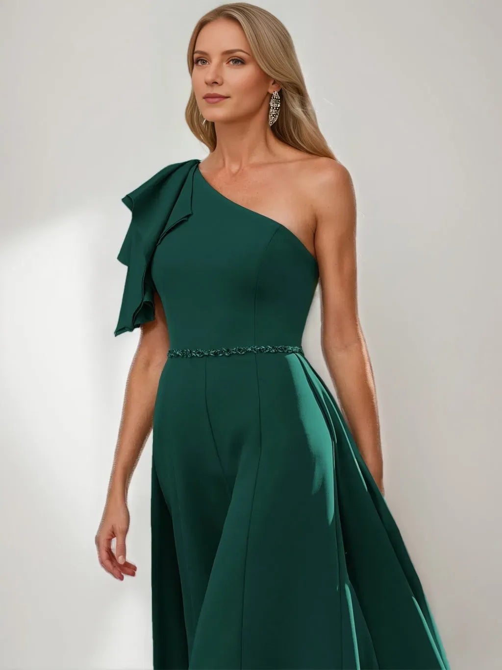 Green Dark A-Line One-Shoulder Ruffled-Sleeve Beaded-Waist Floor-Length Mother of the Bride Dresses