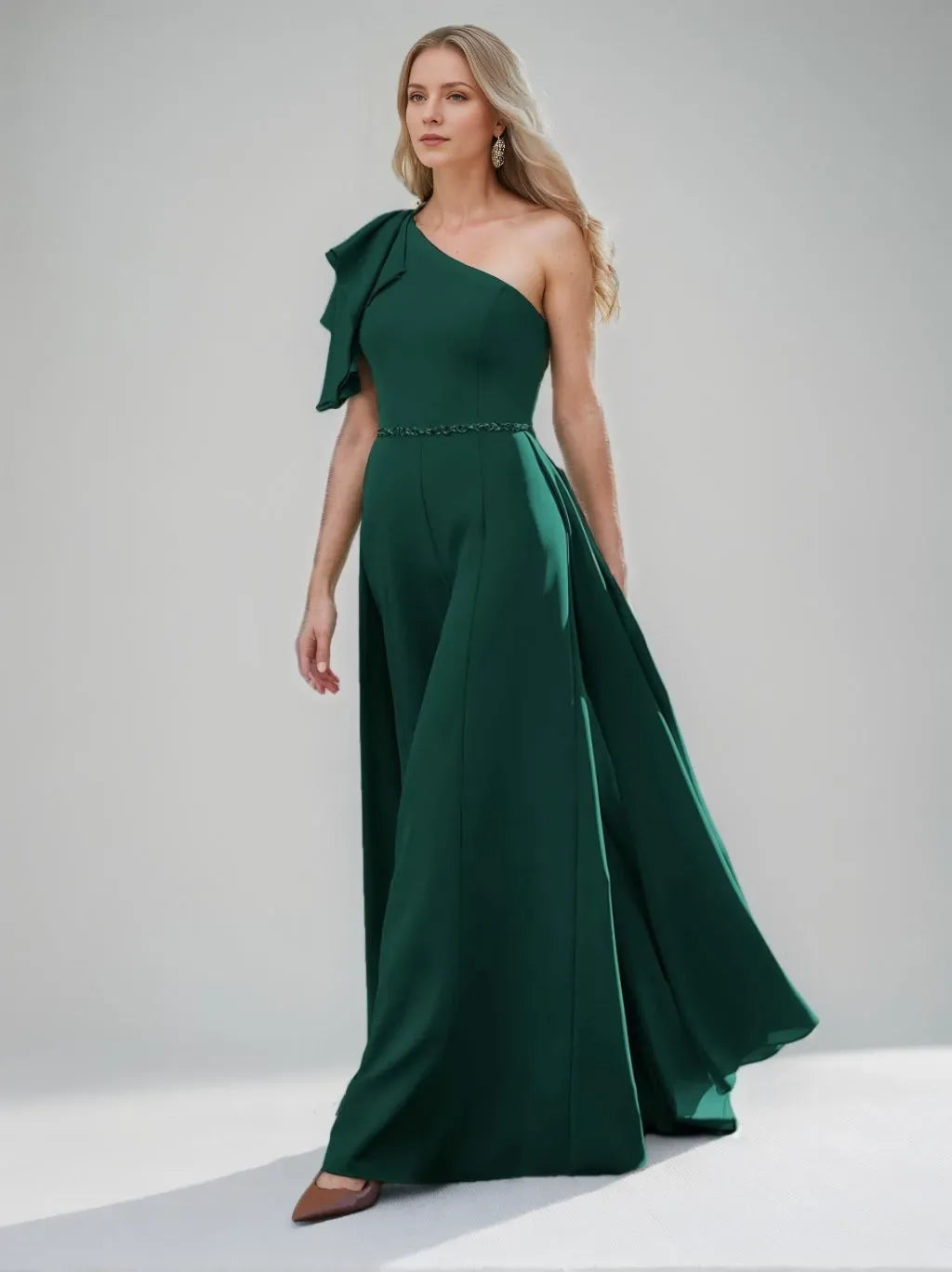 Green Dark A-Line One-Shoulder Ruffled-Sleeve Beaded-Waist Floor-Length Mother of the Bride Dresses