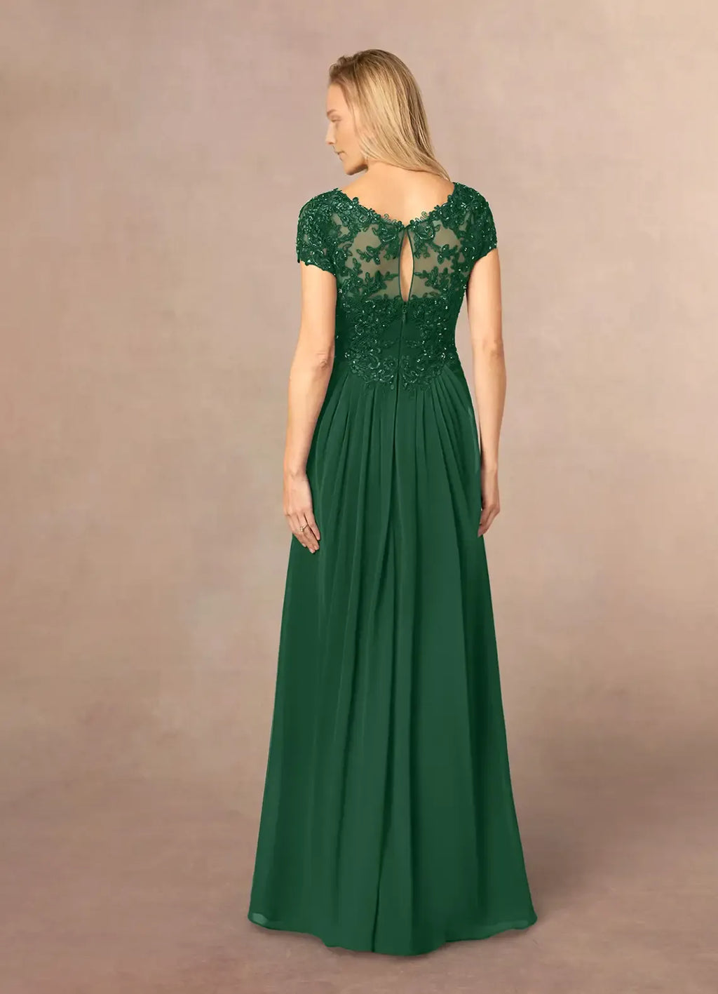 Green Dark A-Line Sequins Mother of the Bride Dress with V - Neckline - Bodice Cap Sleeves