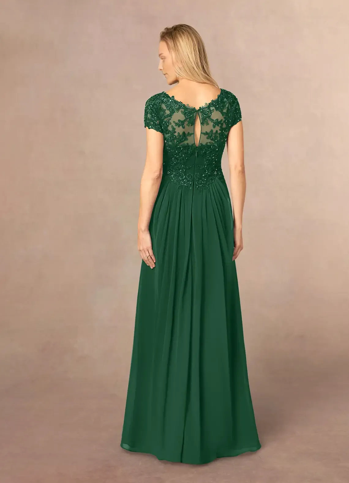 Green Dark A-Line Sequins Mother of the Bride Dress with V - Neckline - Bodice Cap Sleeves