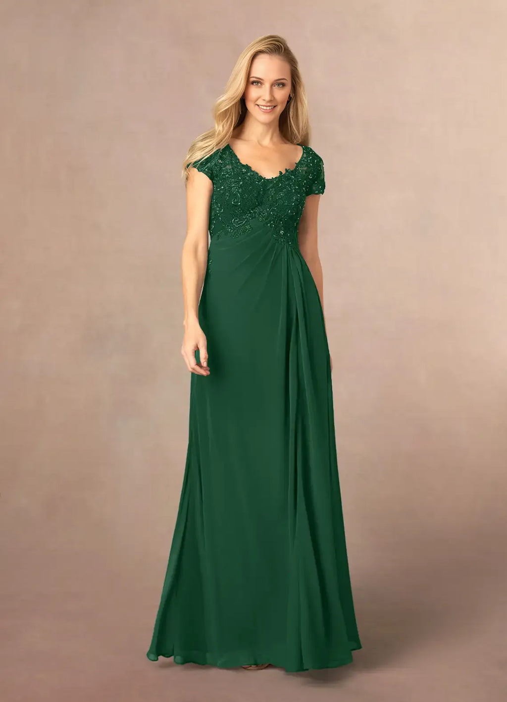 Green Dark A-Line Sequins Mother of the Bride Dress with V - Neckline - Bodice Cap Sleeves