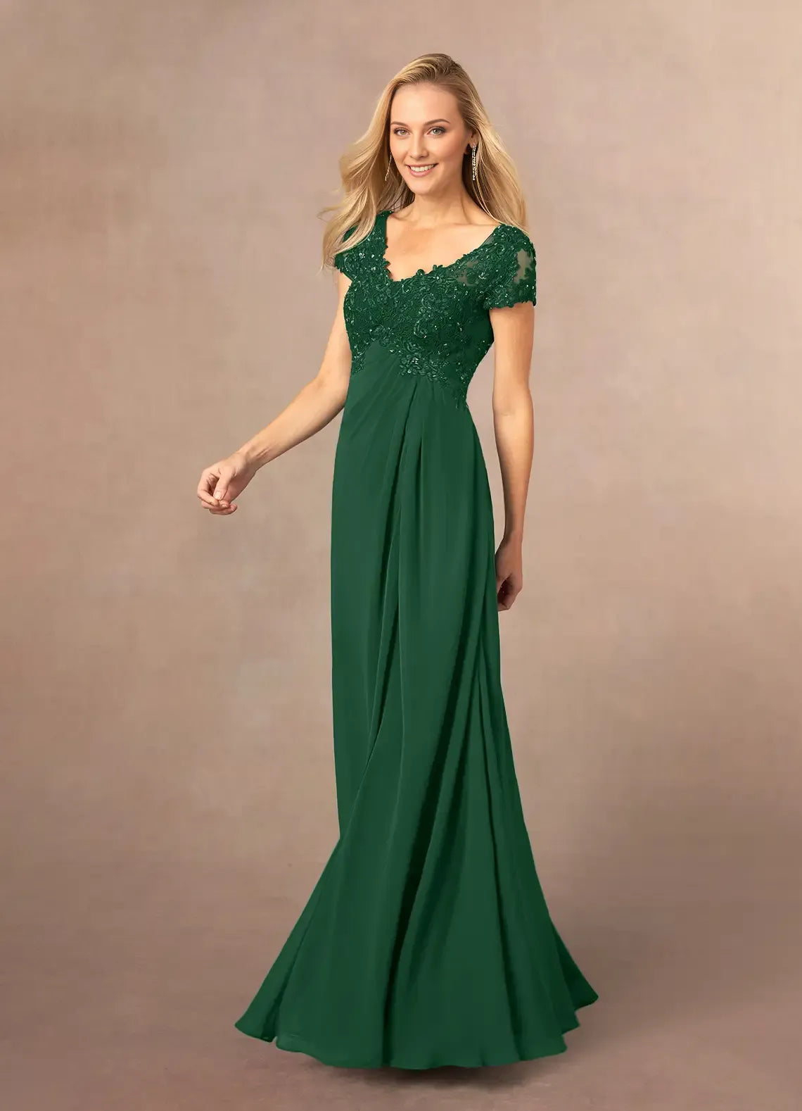 Green Dark A-Line Sequins Mother of the Bride Dress with V - Neckline - Bodice Cap Sleeves