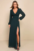 Green Dark Evening Dresses with Plunging V - Neck Sheer Long Sleeves High Side Slit for Formal Galas