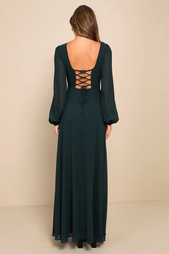 Green Dark Evening Dresses with Plunging V - Neck Sheer Long Sleeves High Side Slit for Formal Galas