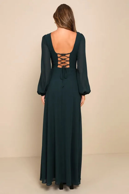 Elegant Green Slit A-Line V-Neck Long-Sleeve Classic-Back Floor-Length Evening Dress