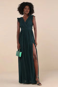 Green Dark Evening Gown with Ruffled V - Neck Flutter Sleeves High Side Slit Command Attention at Grand