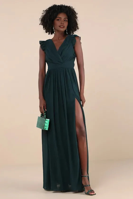 Green Dark Evening Gown with Ruffled V - Neck Flutter Sleeves High Side Slit Command Attention at Grand