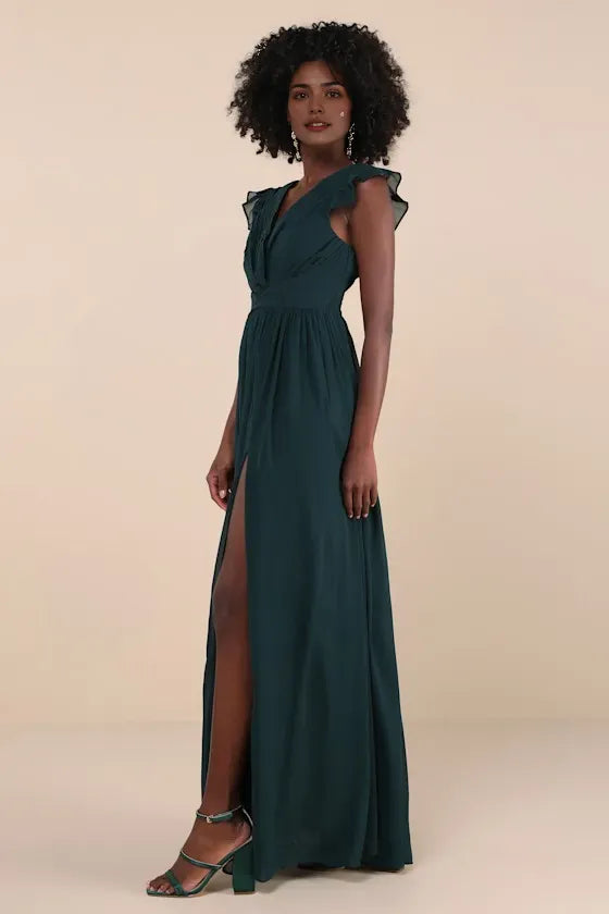 Green Dark Evening Gown with Ruffled V - Neck Flutter Sleeves High Side Slit Command Attention at Grand