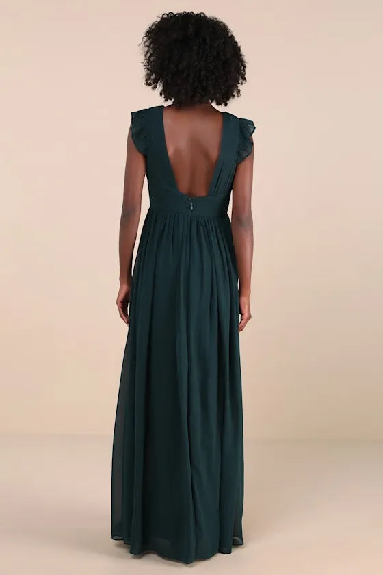 Green Dark Evening Gown with Ruffled V - Neck Flutter Sleeves High Side Slit Command Attention at Grand