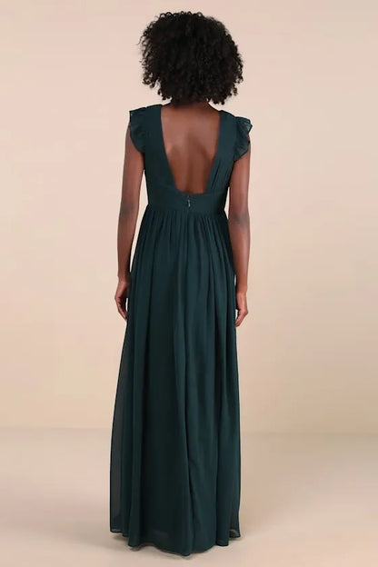 Elegant Green Ruffled A-Line V-Neck Classic-Sleeve Classic-Back Floor-Length Evening Dress