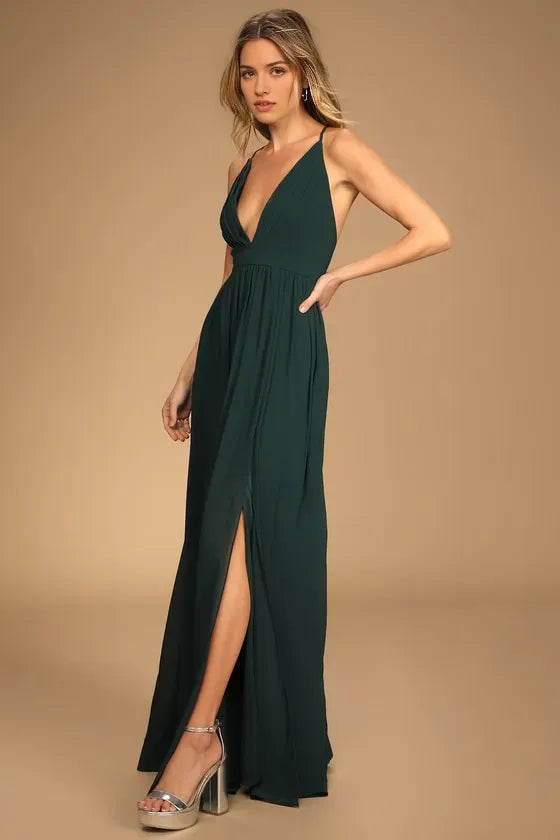 Green Dark Prom Dress with Deep V - Neck Flowy Skirt and High Side Slit for Glamorous Nights
