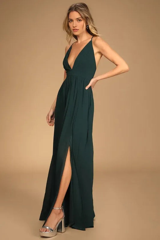 Elegant Green Slit A-Line V-Neck Classic-Sleeve Classic-Back Floor-Length Prom Dress