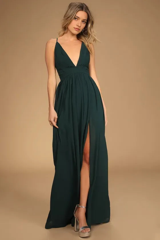 Green Dark Prom Dress with Deep V - Neck Flowy Skirt and High Side Slit for Glamorous Nights