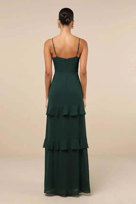 Green Dark Prom Dress with Spaghetti Straps Ruffled Layers Side Slit Perfect for Formal Balls Galas and Special