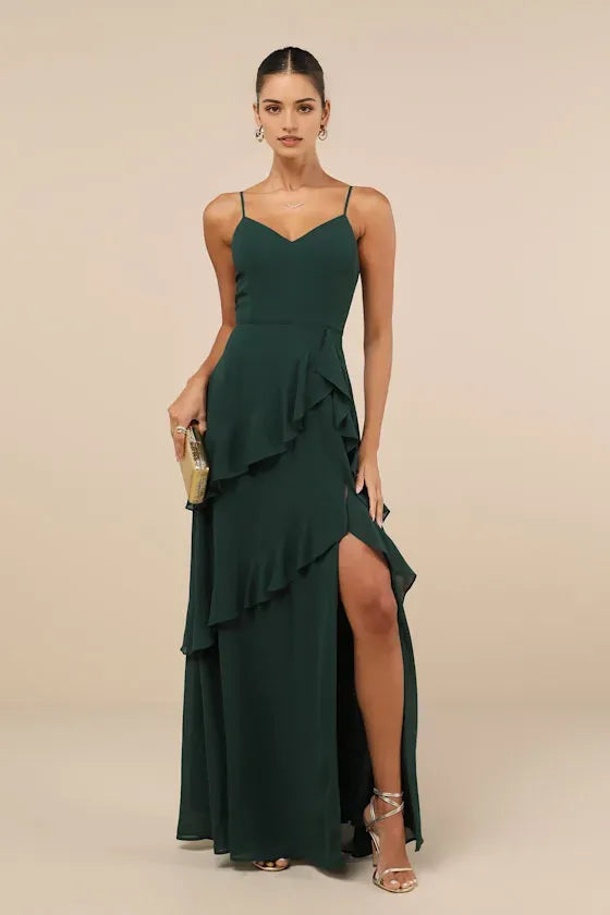 Green Dark Prom Dress with Spaghetti Straps Ruffled Layers Side Slit Perfect for Formal Balls Galas and Special
