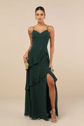Green Dark Prom Dress with Spaghetti Straps Ruffled Layers Side Slit Perfect for Formal Balls Galas and Special