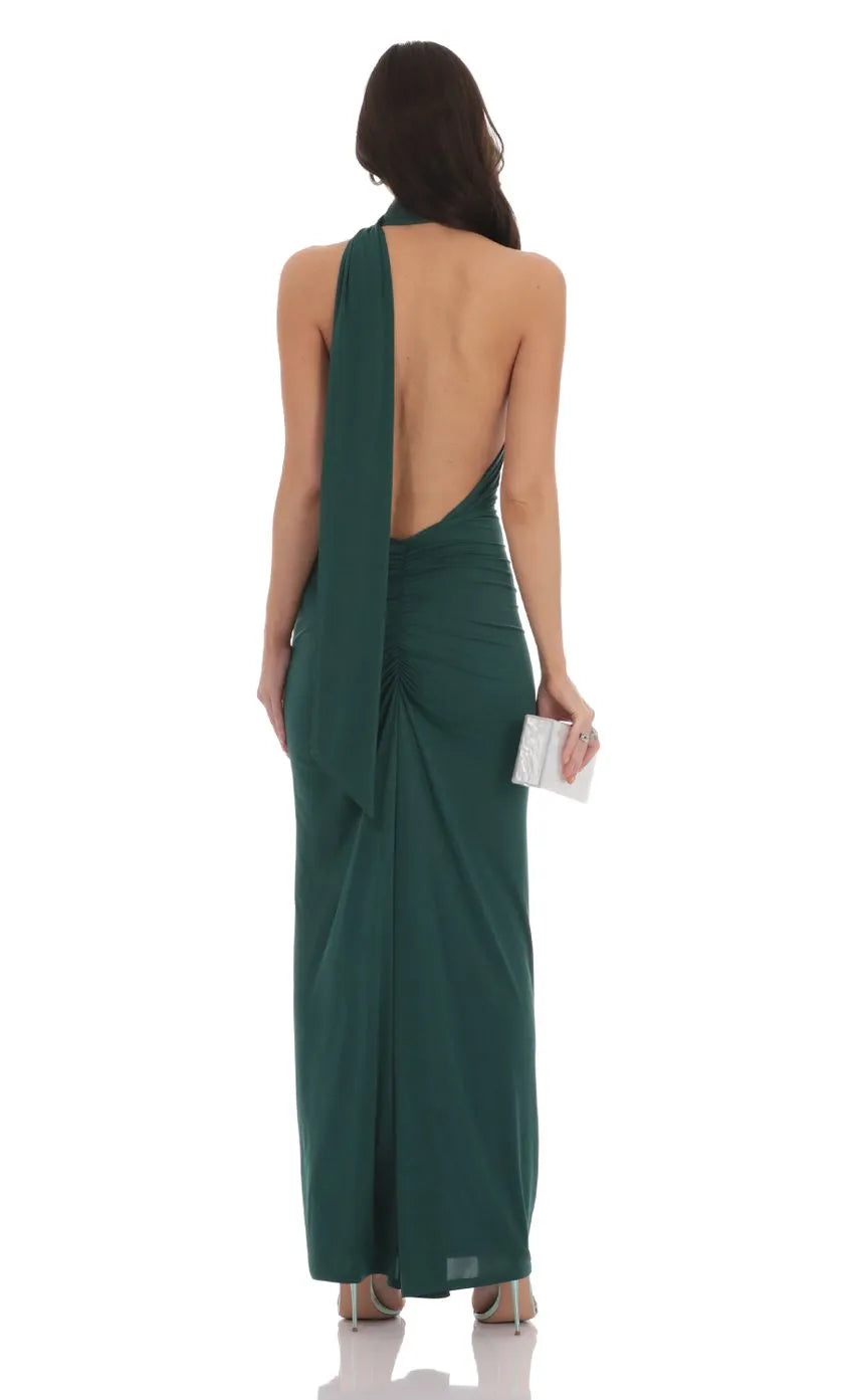 Green Dark Halter Neck Prom Dress with Asymmetric Drape Detail Bodycon Silhouette for Formal Evening Galas and Prom Nights