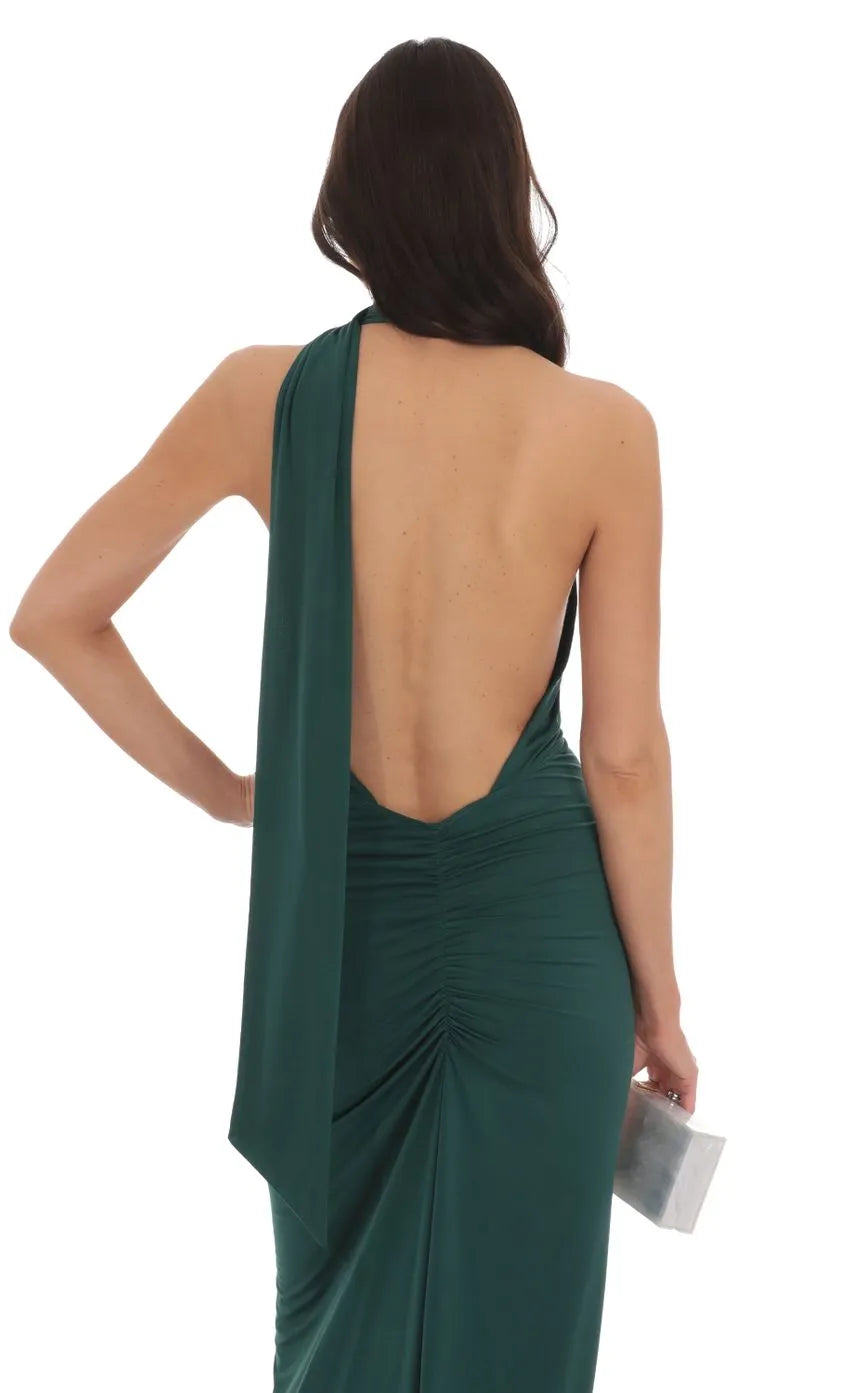 Green Dark Halter Neck Prom Dress with Asymmetric Drape Detail Bodycon Silhouette for Formal Evening Galas and Prom Nights