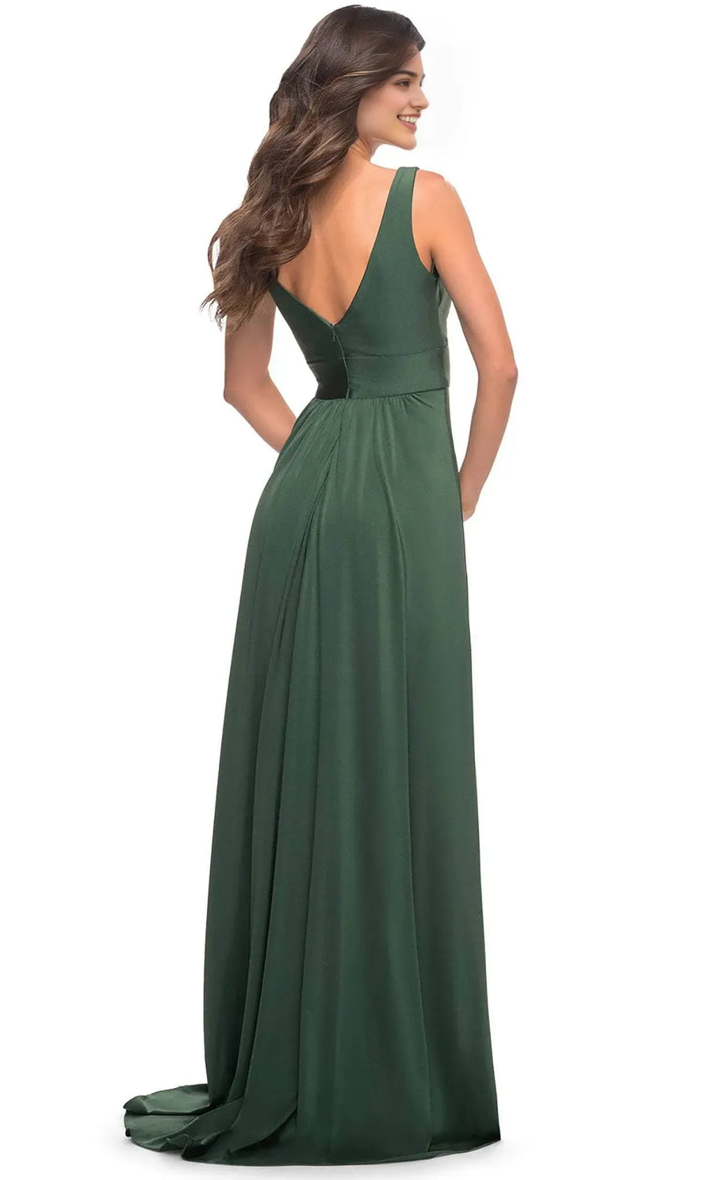 Green Dark Knit Prom Dress with Plunging V - Neck and Side Slit
