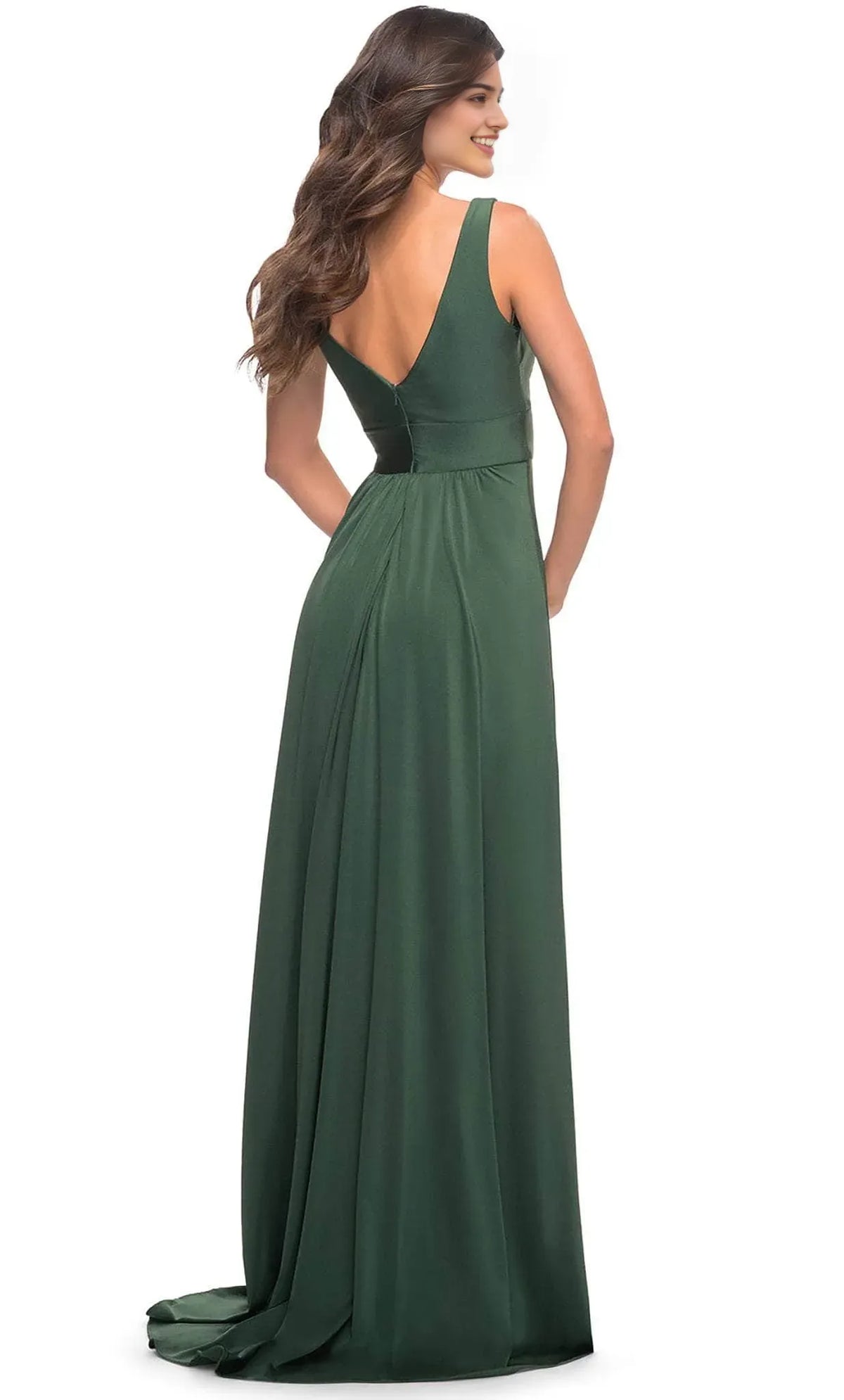 Green Dark Knit Prom Dress with Plunging V - Neck and Side Slit