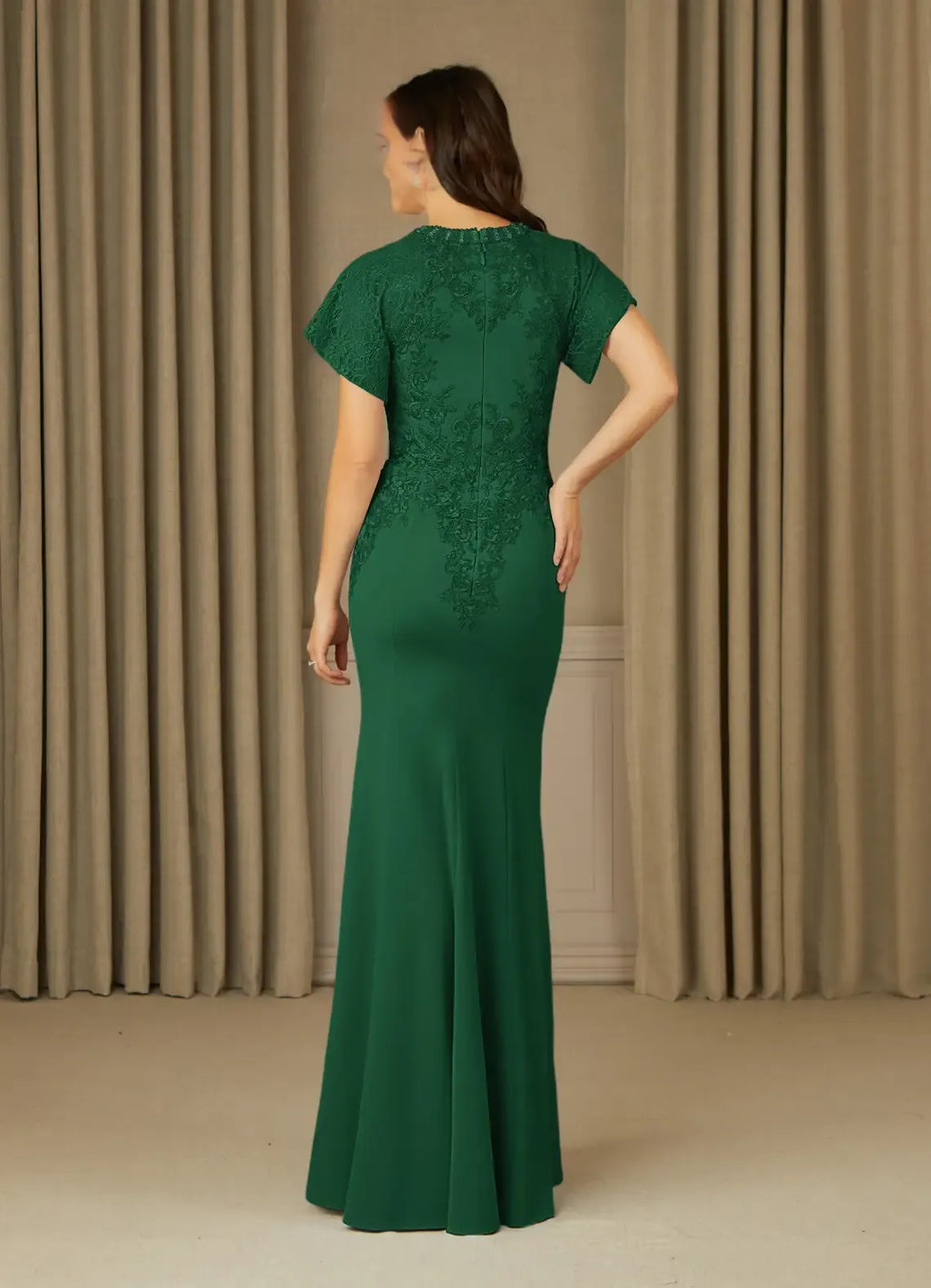 Green Dark Mermaid Green Mother of the Bride Dress with Cap Sleeves Intricate Appliqués and Mermaid Silhouette