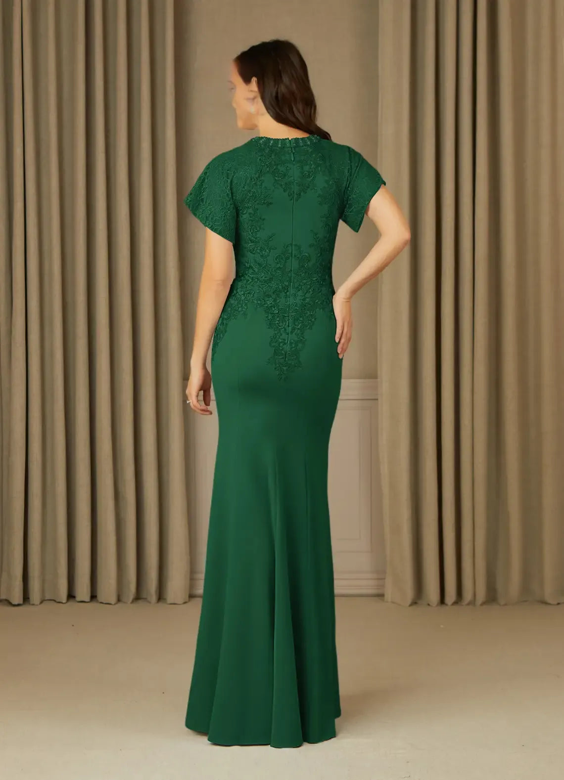 Green Dark Mermaid Green Mother of the Bride Dress with Cap Sleeves Intricate Appliqués and Mermaid Silhouette