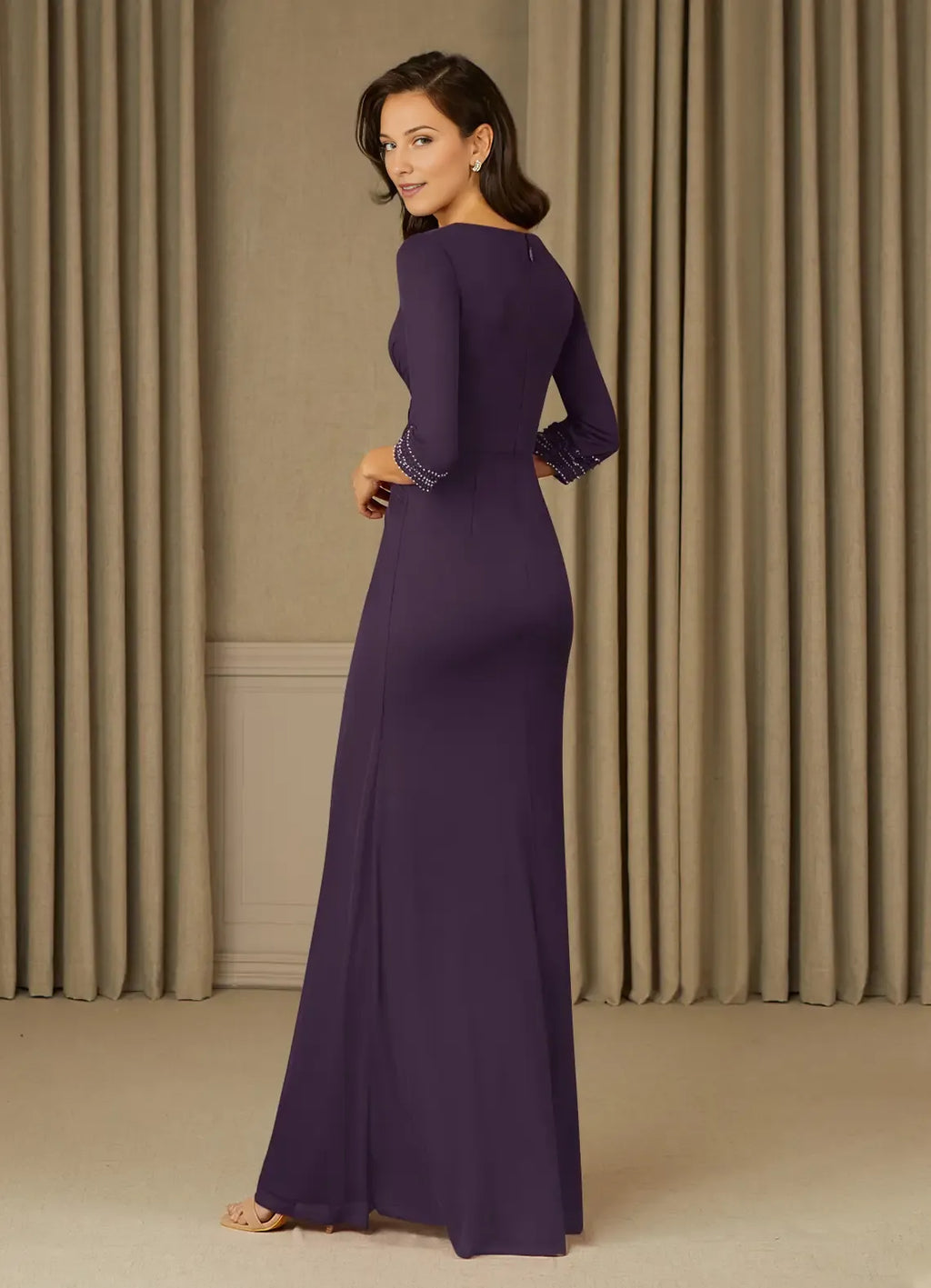 Purple bodice Long V Neck 3/4 Sleeves Back Zip Mother of the Bride Dress female guests