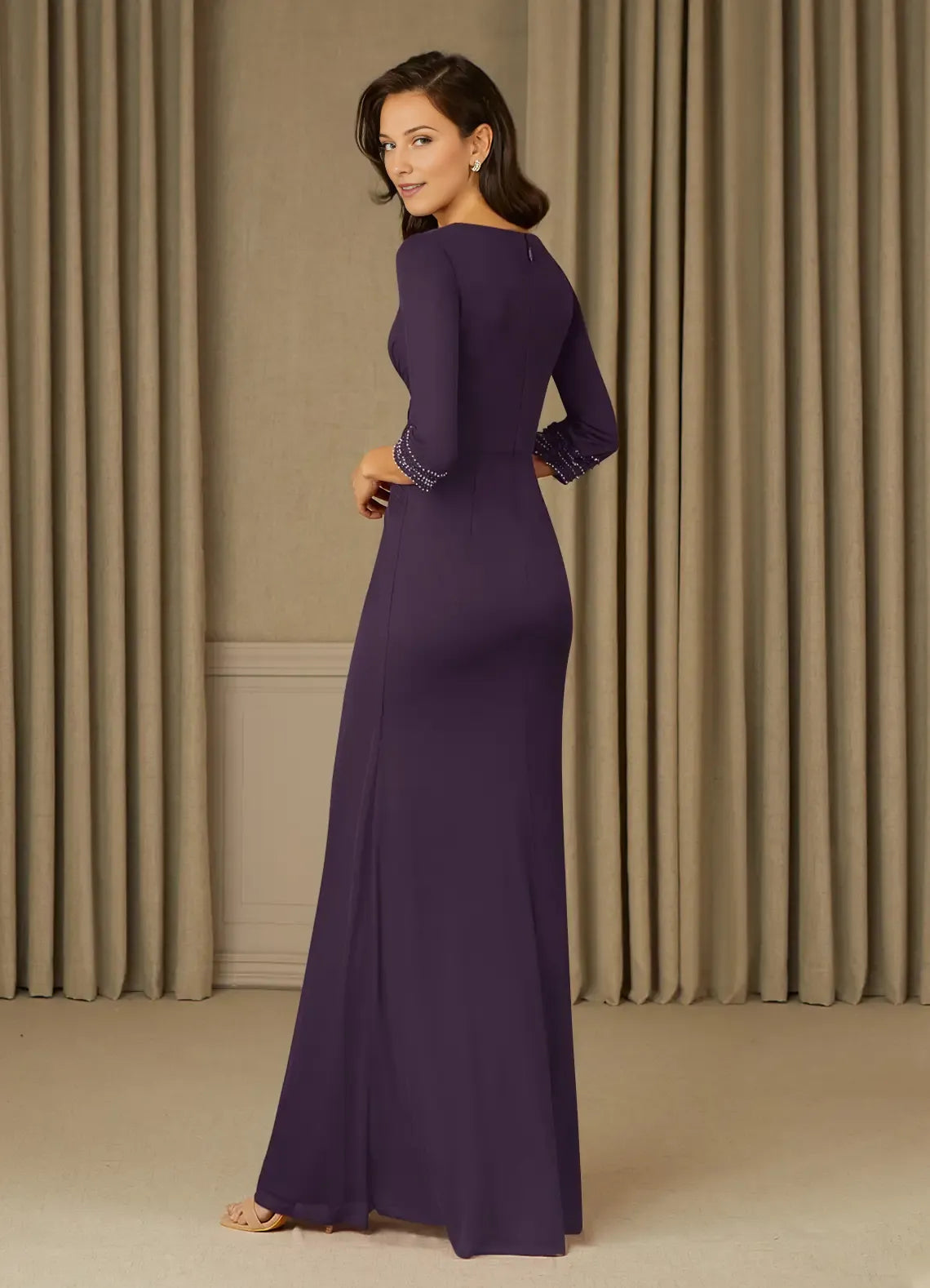Purple bodice Long V Neck 3/4 Sleeves Back Zip Mother of the Bride Dress female guests