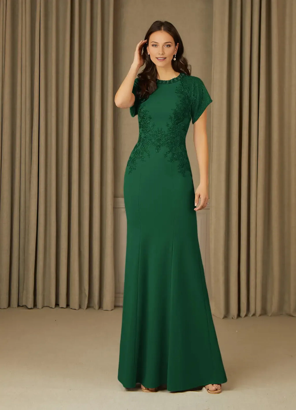 Green Dark Mermaid Green Mother of the Bride Dress with Cap Sleeves Intricate Appliqués and Mermaid Silhouette