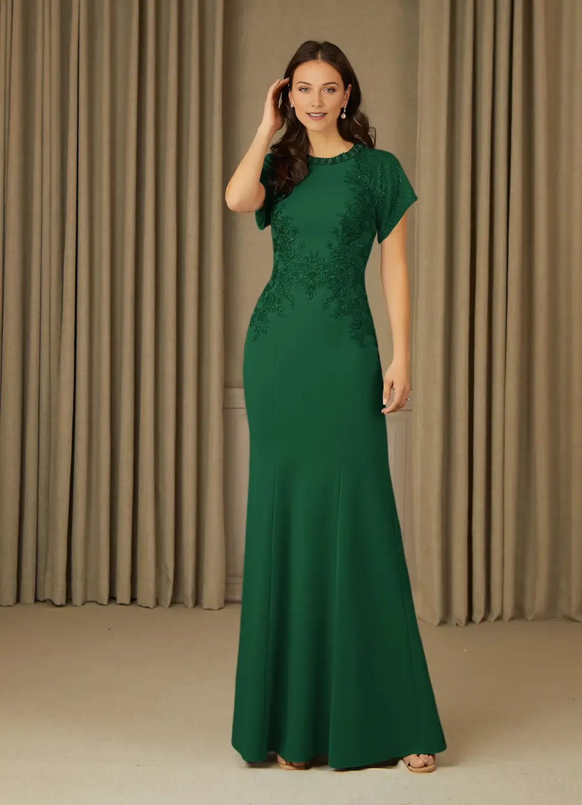 Green Dark Mermaid Green Mother of the Bride Dress with Cap Sleeves Intricate Appliqués and Mermaid Silhouette