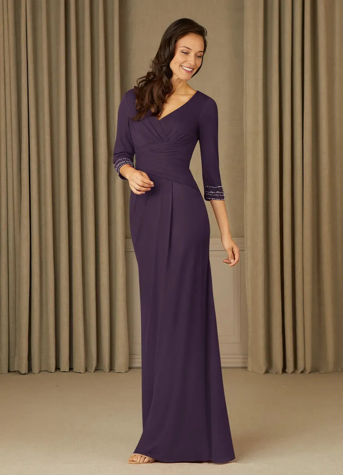 Purple bodice Long V Neck 3/4 Sleeves Back Zip Mother of the Bride Dress female guests