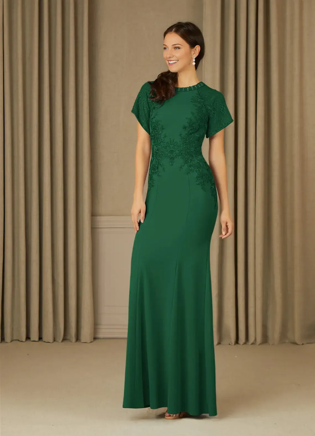 Green Dark Mermaid Green Mother of the Bride Dress with Cap Sleeves Intricate Appliqués and Mermaid Silhouette