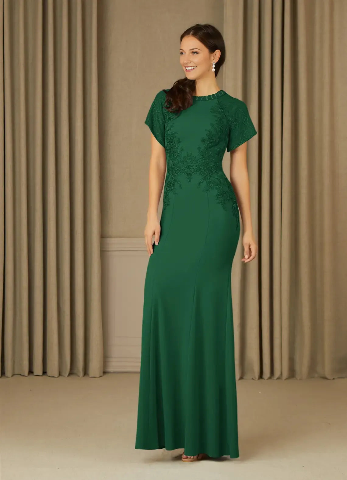 Green Dark Mermaid Green Mother of the Bride Dress with Cap Sleeves Intricate Appliqués and Mermaid Silhouette