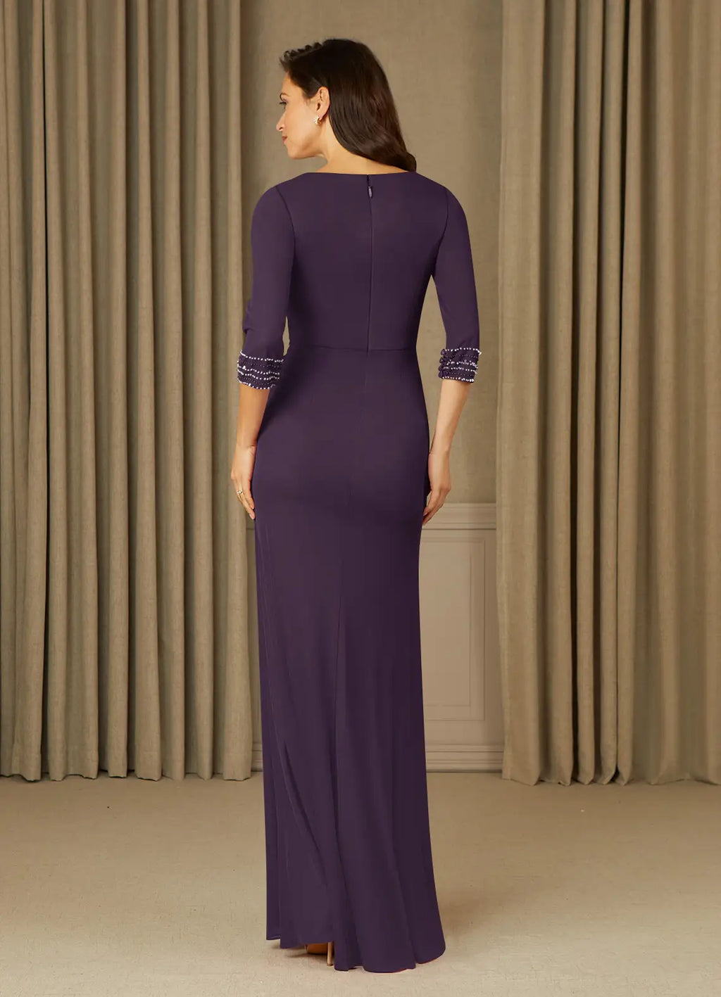 Purple bodice Long V Neck 3/4 Sleeves Back Zip Mother of the Bride Dress female guests