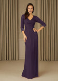 Purple bodice Long V Neck 3/4 Sleeves Back Zip Mother of the Bride Dress female guests