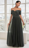 Green Dark Off Shoulder Evening Gown with Ruched Bodice Waistband, and Flowy Skirt for Formal Galas and City Inspired Events