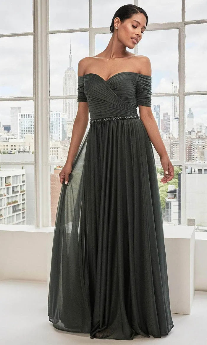 Green Dark Off Shoulder Evening Gown with Ruched Bodice Waistband, and Flowy Skirt for Formal Galas and City Inspired Events