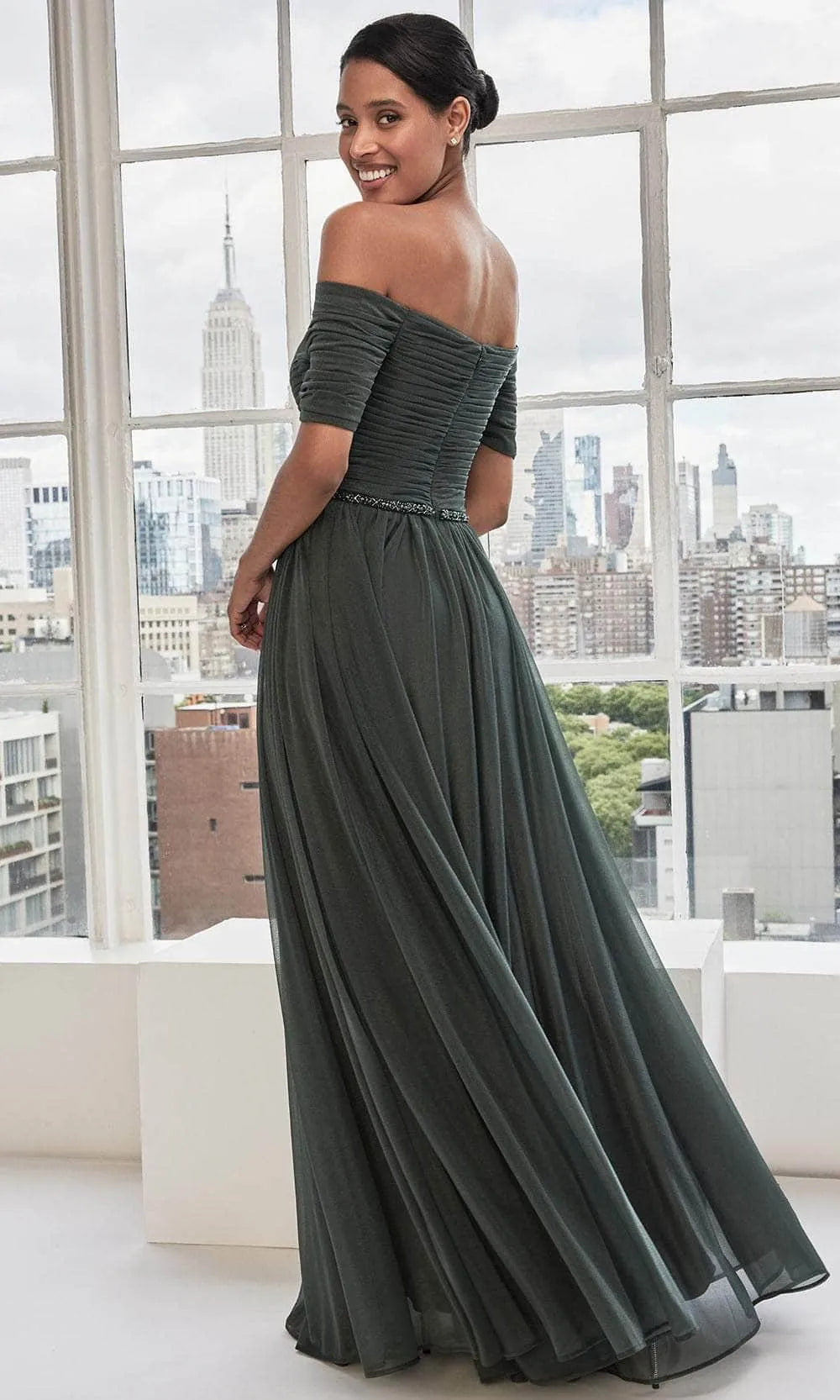 Green Dark Off Shoulder Evening Gown with Ruched Bodice Waistband, and Flowy Skirt for Formal Galas and City Inspired Events