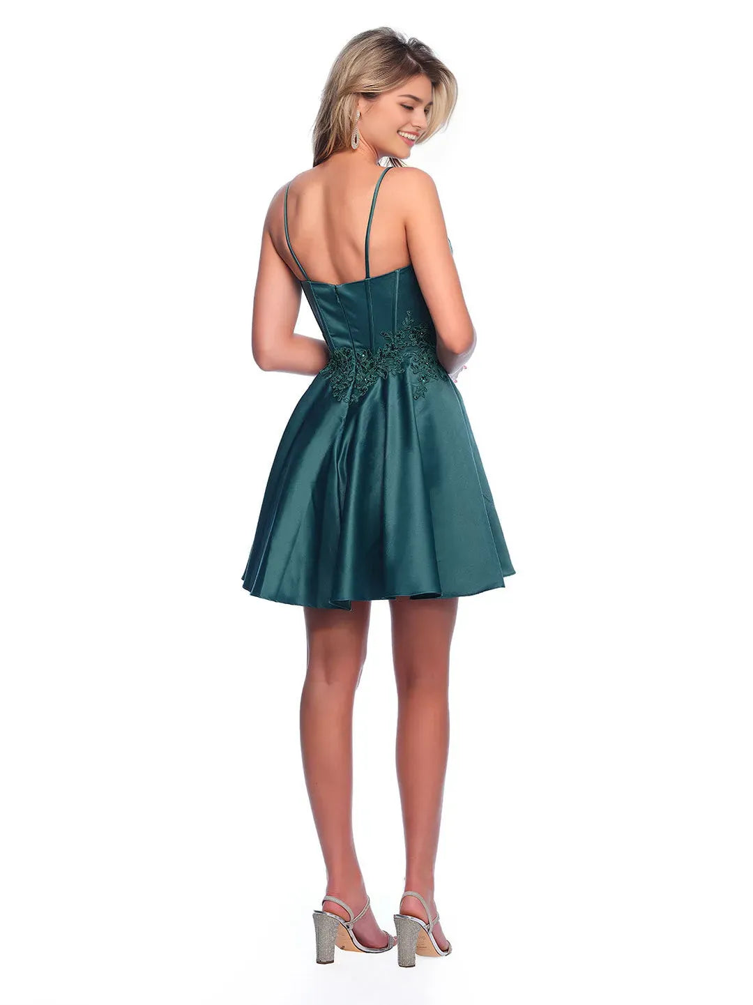Green Dark Homecoming Dress with Spaghetti Straps Square Neckline Waist Detail Flared Mini Party Dress