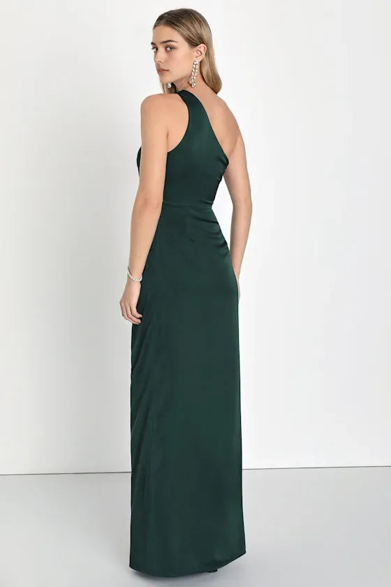 Green Dark One - Shoulder Evening Dresses with Draped Detail High Side Slit Perfect for Sophisticated Formal Galas