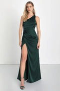 Green Dark One - Shoulder Evening Dresses with Draped Detail High Side Slit Perfect for Sophisticated Formal Galas