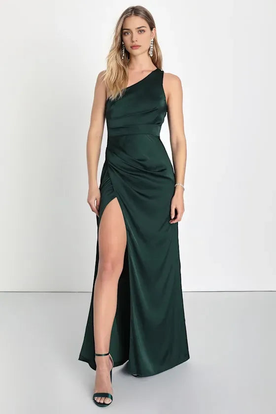 Green Dark One - Shoulder Evening Dresses with Draped Detail High Side Slit Perfect for Sophisticated Formal Galas
