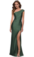 Green Dark One Shoulder Prom Gown with Figure Hugging Silhouette and High Slit for Formal Dances and Galas