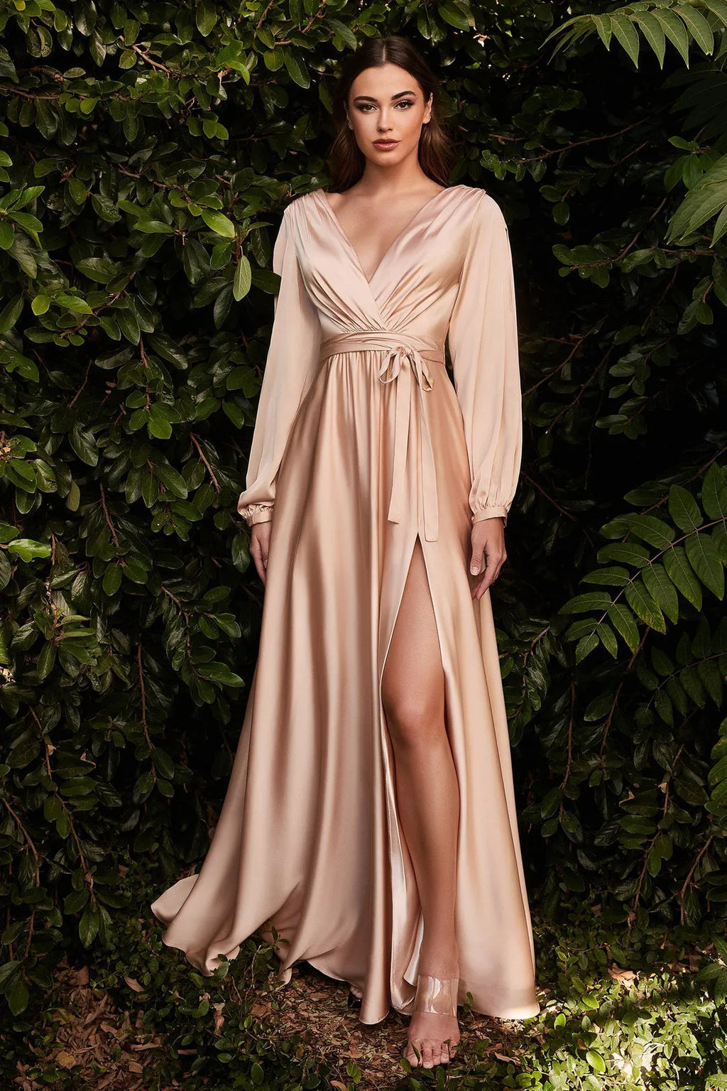 Green Dark Prom Dress with Deep V - Neck Bishop Sleeves Waist Belt and High Side Slit for Glamorous Occasions