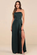 Green Dark Strapless Evening Dresses with Corset Bodice High Side Slit