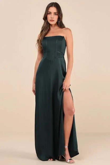 Luxurious Green Lace A-Line Strapless Classic-Sleeve Lace-Up-Back Floor-Length Evening Dress