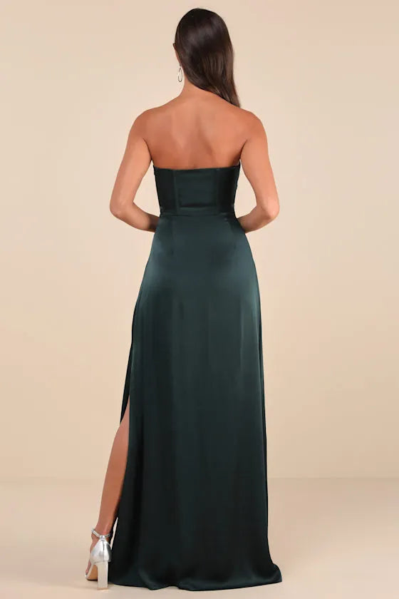 Green Dark Strapless Evening Dresses with Corset Bodice High Side Slit