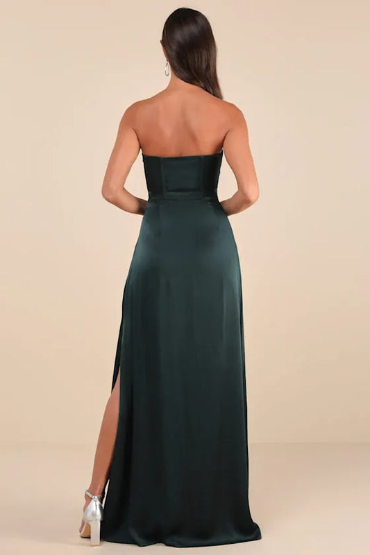 Luxurious Green Lace A-Line Strapless Classic-Sleeve Lace-Up-Back Floor-Length Evening Dress