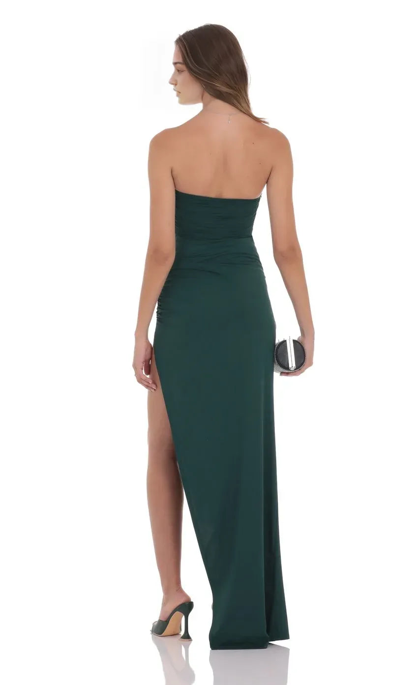 Green Dark Strapless Prom Dress with Ruched Detailing High Side Slit Perfect for Glamorous Nights